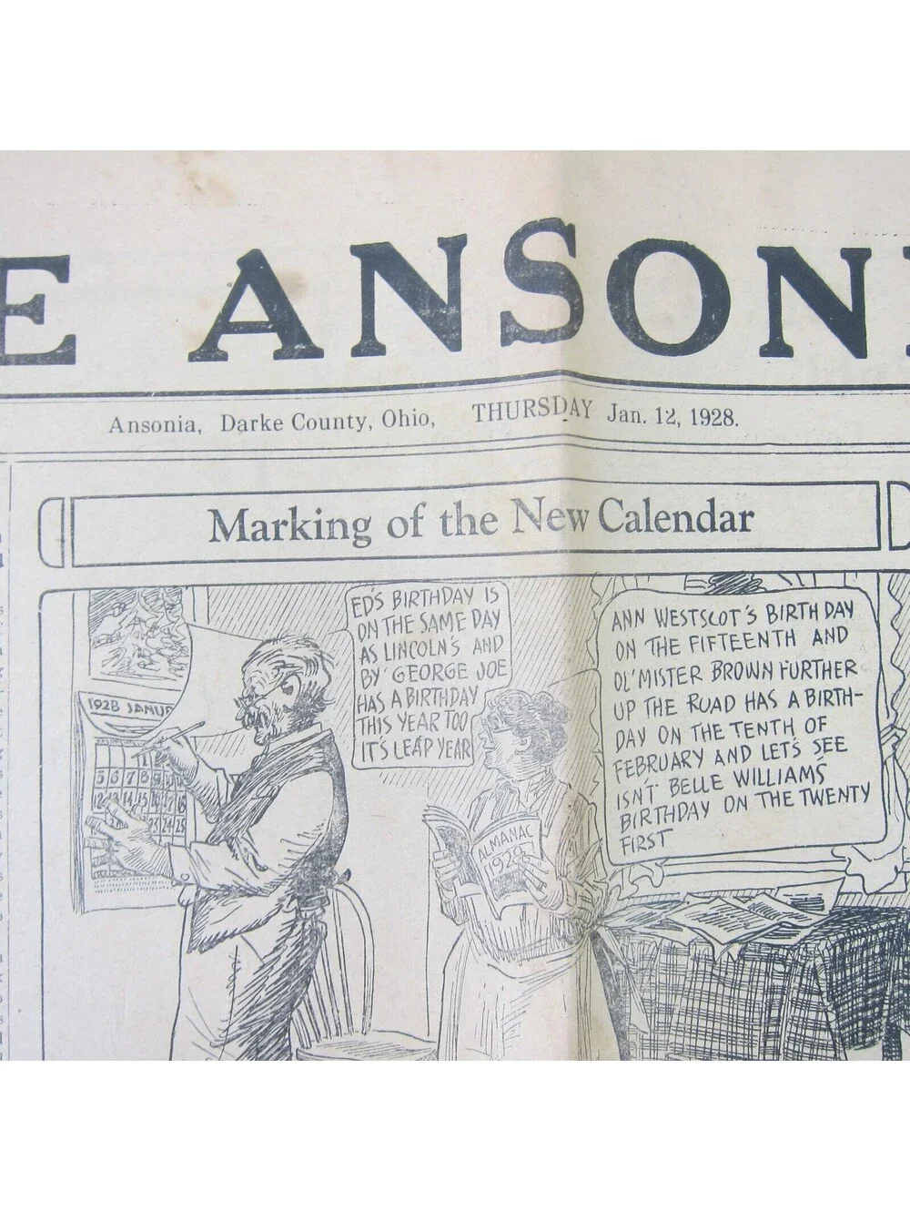 The Ansonian Newspaper Ansonia Darke County Ohio Thursday Jan 1928 Antique RARE